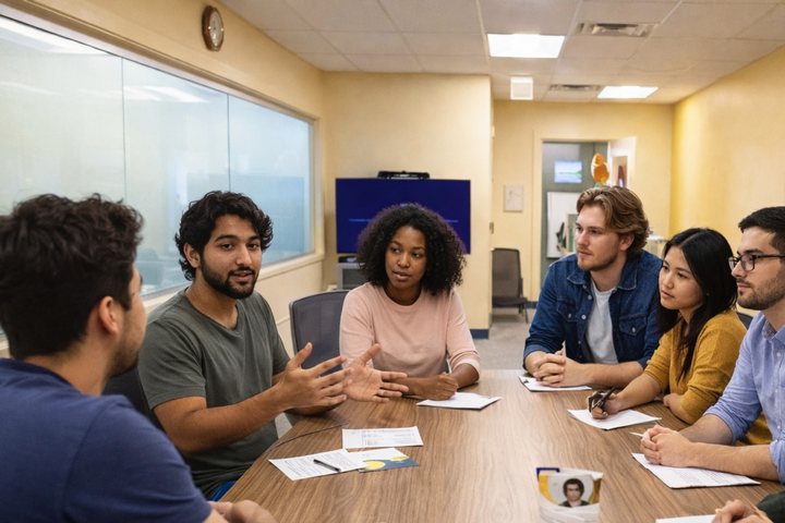 People sitting around a table and talking